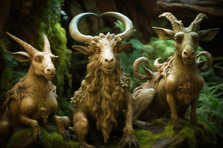 Forest deities mythological goats with horns, creature from legends. Stone sculpture on a pedestal in a museum at an exhibition. AI generated.の素材