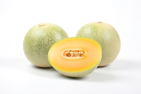 Fresh melon cut on a white background, macro. Studio shooting of a fruit useful in vitamins. AI generated.の素材