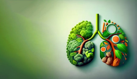Health Day, the concept of human lungs in the form of grass and trees. Body care symbol. AI generated. Green background. Header banner mockup with space.の素材