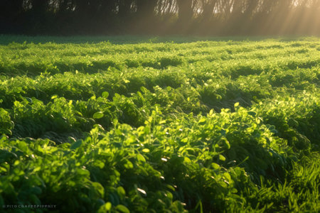 Pea field in the morning sun. Farming with natural ecological vegetables. Healthy useful products. AI generated.の素材