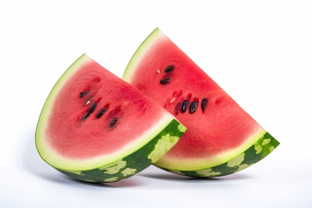 Group of slices of red fresh watermelon on a white background. Healthy food ecological product. Business wallpaper concept. AI generated.の素材