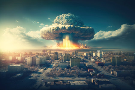 Nuclear, atomic explosion in the city, mass murder. War catastrophe, deadly aggression. Scientific military progress. AI generated.の素材