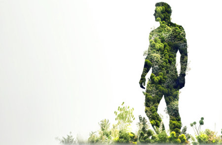 Health Day, concept image of a man from grass, flowers. Body care symbol. Fictional person created with generative AI. Header banner mockup with space.の素材