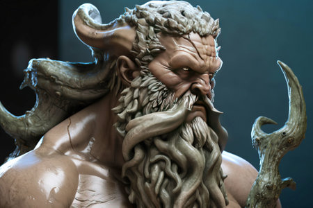 Triton with trident mythological man god of water, neptune, poseidon creature from legends. Stone sculpture on a pedestal in a museum at an exhibition. AI generated.の素材
