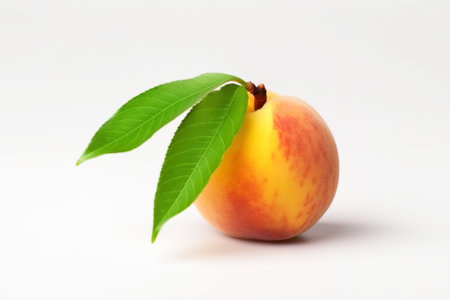 Fresh peach with leaf, isolate on white background. Macro studio shot. Useful fruit, dietary vitamin. AI generated.の素材
