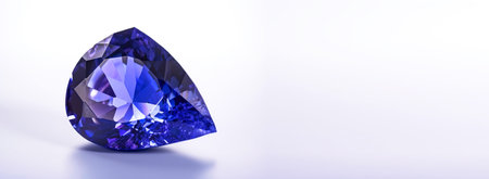 Tanzanite is a rare precious natural geological stone on a white background in low key. Fashionable jewelry elegant decoration. AI generated. Header banner mockup with space.の素材