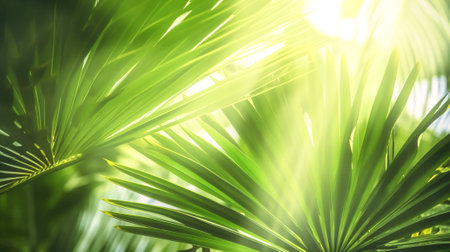Background from palm green leaves. Tropical wallpaper. Ecological concept of forest protection. AI generated.の素材