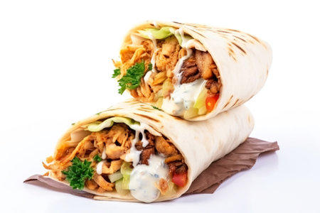 Fresh shawarma with chicken, cabbage, cheese and tomatoes, fresh sauces on a white background. Street food, fast food. AI generated.の素材