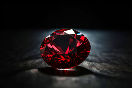 Red diamond is a rare precious natural geological stone on a black background in low key. Fashionable jewelry elegant decoration. AI generated.の素材