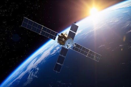 A satellite is flying in orbit around the planet Earth. Against the background of the planet and blue space in the rays of the sun. Scientific technologies. AI generated.の素材