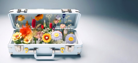 Fresh medicinal herbs with flowers in a white first aid kit on a white background on a health day. Concept for advertising, business. AI generated.の素材