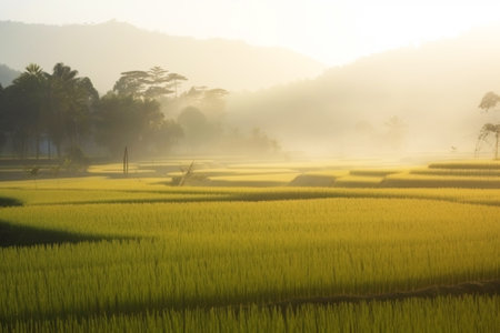 Rice field in the morning sun. Farming with natural ecological vegetables. Healthy useful products. AI generated.の素材