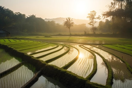 Rice field in the morning sun. Farming with natural ecological vegetables. Healthy useful products. AI generated.の素材
