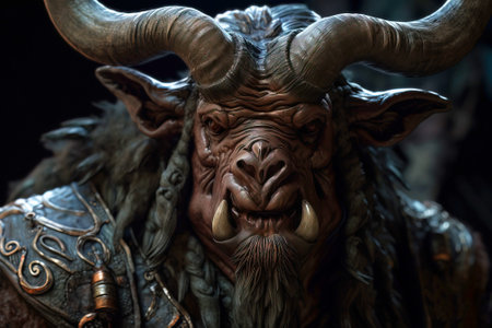 Minotaur mythological bull man with big horns, creature from legends. Stone sculpture on a pedestal in a museum at an exhibition. AI generated.の素材
