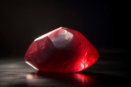 Red beryl is a rare precious natural geological stone on a black background in low key. Fashionable jewelry elegant decoration. AI generated.の素材