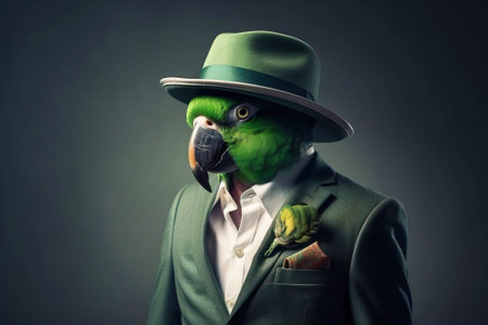 Mr green parrot gentleman in boss hat and scientist. Fantasy illustration from fantasy. AI generated.の素材