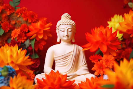 Buddha Purnima, Indian Buddhist religious holiday. AI generated. Buddha on a red background.の素材