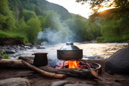 Tent near the river in summer with a fire and a pot from which steam comes from food. Camping in nature, active tourism. AI generated.の素材