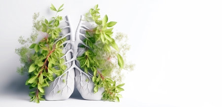 Health Day, the concept of human lungs in the form of grass and trees. Body care symbol. AI generated. White background. Header banner mockup with space.の素材