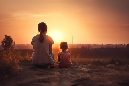 On mothers day, mother and daughter sit on the beach at sunset. A happy family. Fictional person created with generative AI.の素材