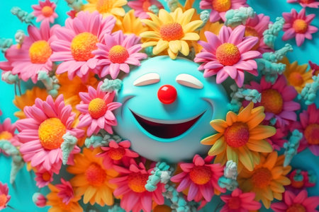 Mental health day, smiling and laughing emoticon flower sun. AI generated. Concept on a blue background.の素材