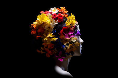 Mental health day, female head made of colorful flowers. Fictional person created with generative AI. Concept on a dark background.の素材