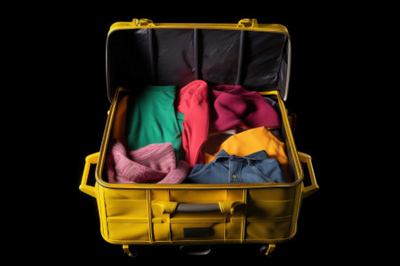 Yellow suitcase on wheels for tourism, travel. Multi-colored clothes on hangers, hangers. AI generated. Plastic luggage on a dark black background.の素材