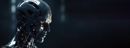 Artificial intelligence, composition of a chrome cyborg robot on a dark background, isolate. Header banner mockup with copy space. AI generated.の素材