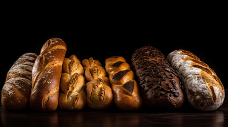 Various assortment of fresh bread in a row, black background isolate. Header banner mockup with copy space. AI generated.の素材