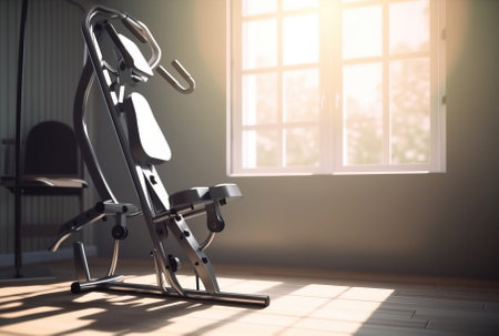 Fitness and health exercise machine in the gym. Header banner mockup with copy space. AI generated.の素材