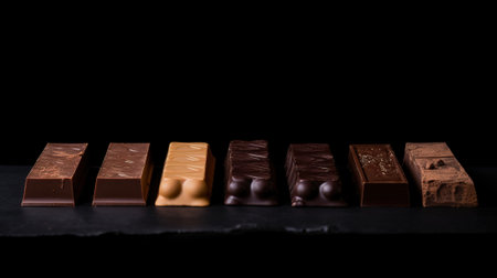Various types of dark, milk chocolate with nuts, raisins in a row, black background. Header banner mockup with copy space. AI generated.の素材