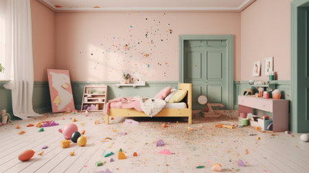 Dirty untidy room. Chaos in the interior. Inaccurate lifestyle. The concept of the ordinary life of a teenager, a child. AI generated.の素材