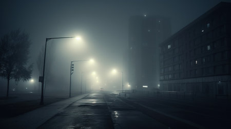 Concept of insomnia. Deserted streets of city illuminated by lamps in fog. Monochrome photo, for wallpaper. AI generated.の素材