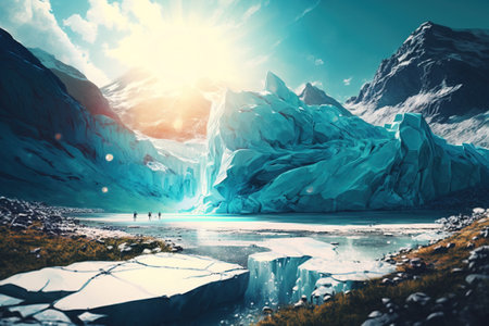 Arctic snow-white glacier floats with reflection in the sea against the background of the sun. AI generated.の素材