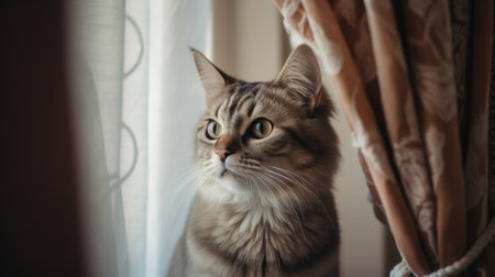 A pet fluffy cat on the windowsill plays with curtains. Healthy cheerful loving cat. AI generated.の素材