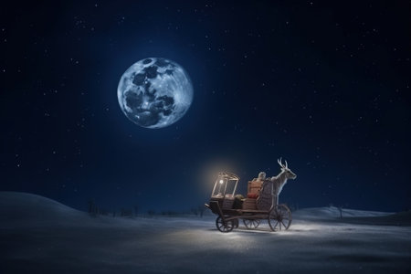 Santa on sleigh with reindeer rides through snowy forest on Christmas, wallpaper. Header banner mockup with copy space. AI generated.の素材