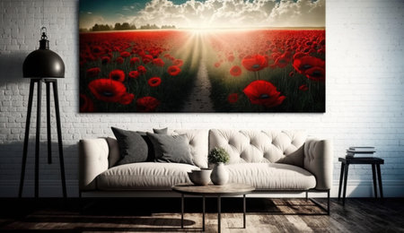 Room interior with a picture of a field of poppies on the wall. Header banner mockup with copy space. AI generated.の素材
