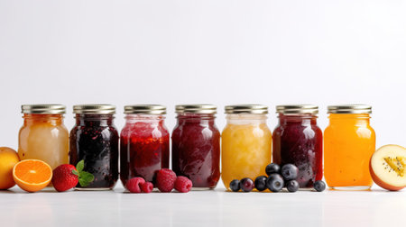 Colored jars of different jams with fresh berries and fruits stand in a row, white background. Header banner mockup with copy space. AI generated.の素材