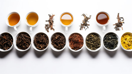 Types of tea in a cup and leaves, therapeutic tonic drink, white background isolate. Header banner mockup with copy space. AI generated.の素材