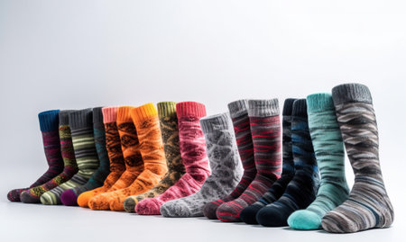 Collection of different patterns of color socks in a row, white background. Header banner mockup with copy space. AI generated.の素材