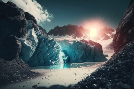 Arctic snow-white glacier floats with reflection in the sea against the background of the sun. AI generated.の素材