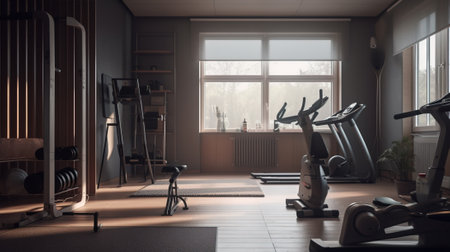 Sports empty club, fitness gym with a group of exercise machines and bike paths. Header banner mockup with copy space. AI generated.の素材