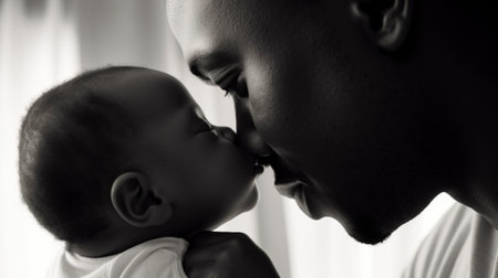Father Day. Close-up baby next to dad, wallpaper background. AI generated. Header banner mockup with copy space. AI generated.の素材