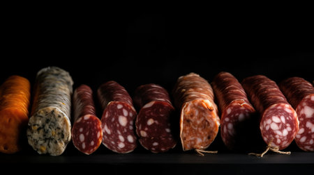 Various salami, sausage in a row, black background. Assorted meat products, menu. Header banner mockup with copy space. AI generated.の素材