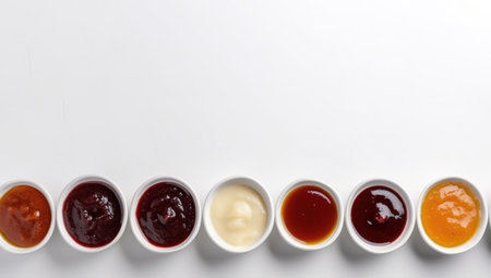 Various sauces, marinades and dressings in small bowls in a row, white background. Header banner mockup with copy space. AI generated.の素材