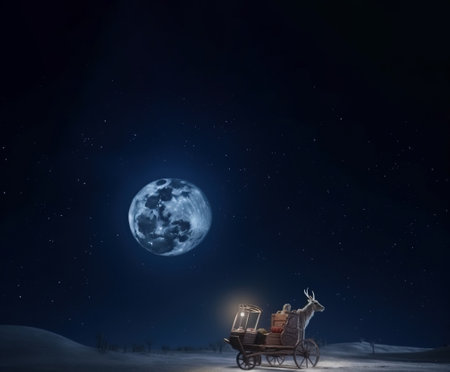 Santa on sleigh with reindeer rides through snowy forest on Christmas, wallpaper. Header banner mockup with copy space. AI generated.の素材