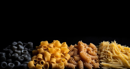 Various groups of raw colored flour wheat pasta in a row, black background isolate. Header banner mockup with copy space. AI generated.の素材