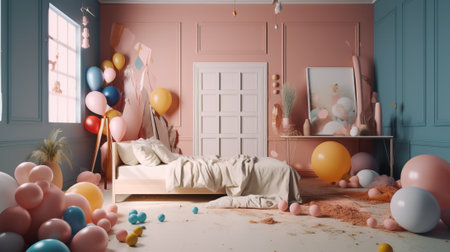 Dirty untidy room. Chaos in the interior. Inaccurate lifestyle. The concept of the ordinary life of a teenager, a child. AI generated.の素材