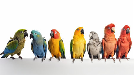 Various types of parrots are sitting in a row on a branch, white background, isolate. Header banner mockup with copy space. AI generated.の素材