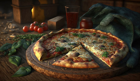Pizza Neapolitan, cut into pieces, dark background. Traditional Italian cuisine. Header banner mockup with copy space. AI generated.の素材
